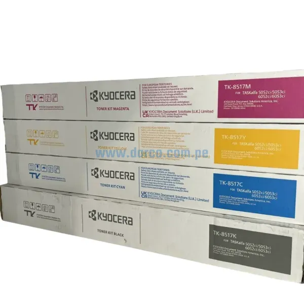 Kit Toner Kyocera TK-8517 Bk, C, Y, M,. Para Impresoras Kyocera Taskalfa 6052CI / 6053CI, Rendimiento 90.000 Páginas. Envios A Nivel Nacional.
