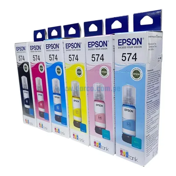 Tinta Epson 574, Black, Cyan, Magenta, Yellow, Cyan Claro, Magenta Claro, Para Impresoras L8050, L18050, capacidad 70 Mililitros