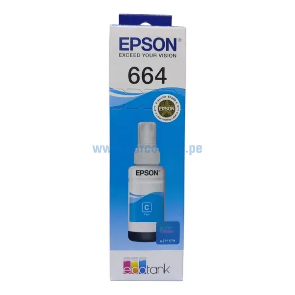 Botella De Tinta Epson T664220 664 Cyan, Para Impresoras Epson EcoTank L200 / L300 / / L350 / L365 / L375, Con Rendimiento De 70 Mililitros.