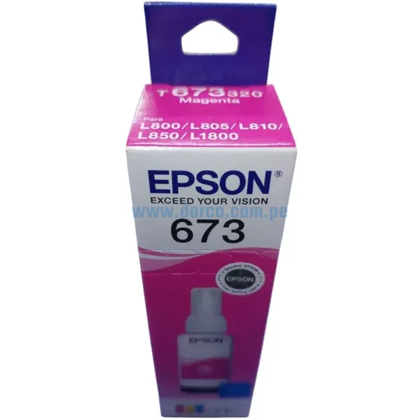 Botella De Tinta Epson T673320 (673) Magenta, Para Impresoras Epson EcoTank L800 / L805 / L810 / L850 / L1800, Rendimiento 70 Mililitros.