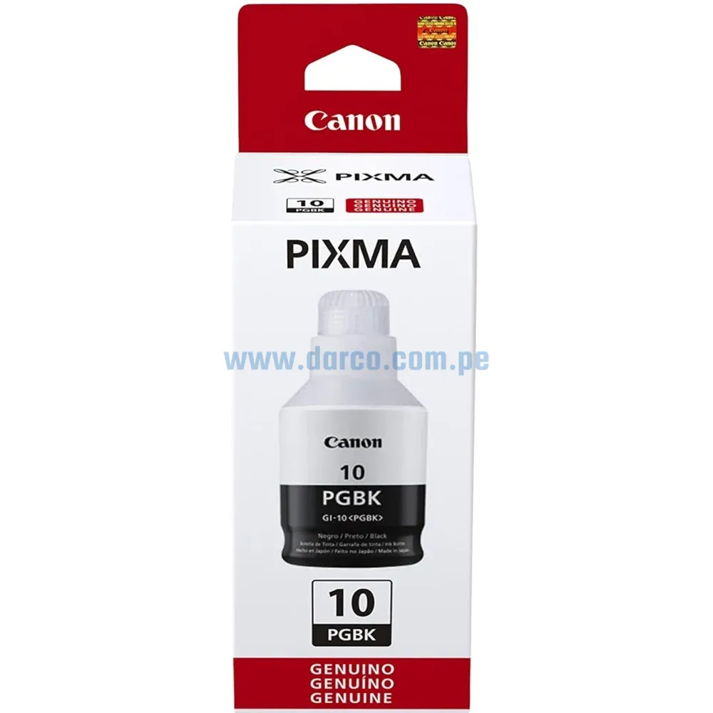 Botella De Tinta Canon GI-10 PGBK Negro, Para Impresoras Canon Pixma G5010 / G5011 / G6010 / G6011 / G7010 / GM2010 / GM2011, Rendimiento 8.300 Paginas