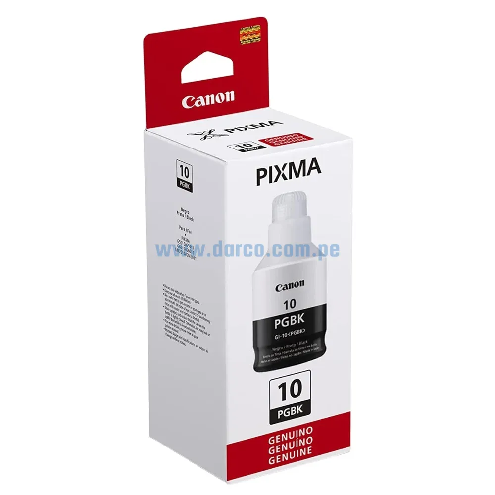 Botella De Tinta Canon GI-10 PGBK Negro, Para Impresoras Canon Pixma G5010 / G5011 / G6010 / G6011 / G7010 / GM2010 / GM2011, Rendimiento 8.300 Paginas