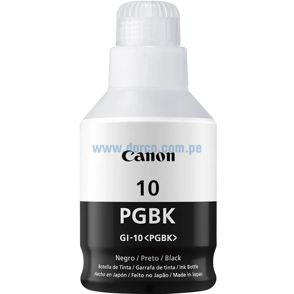 Botella De Tinta Canon GI-10 PGBK Negro, Para Impresoras Canon Pixma G5010 / G5011 / G6010 / G6011 / G7010 / GM2010 / GM2011, Rendimiento 8.300 Paginas
