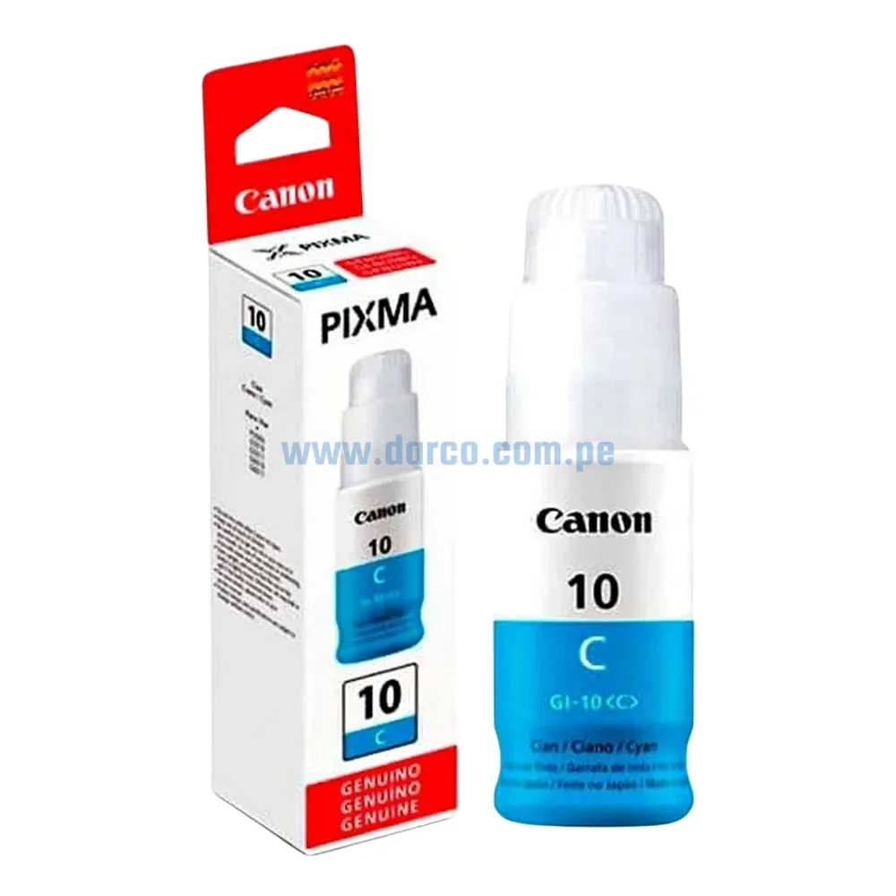 Botella De Tinta Canon GI-10C Cyan, Para Impresoras Canon Pixma G5010 / G5011 / G6010 / G6011 / G7010 / GM2010 / GM2011 Contenido 70ml