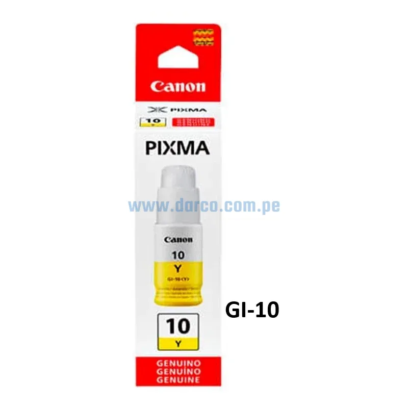 Botella De Tinta Canon GI-10Y Yellow, Para Impresoras Canon Pixma G5010 / G5011 / G6010 / G6011 / G7010 / GM2010 / GM2011 Contenido 70ml