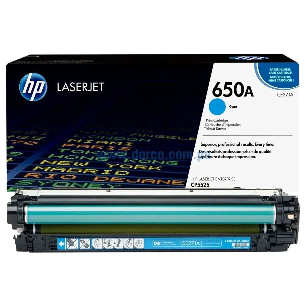 Toner HP CE271A 650A Cyan, Para Impresoras Hp LaserJet M750n, M750dn, M750xh, CP5525N, CP5525DN, CP5525XH. Rendimiento 15,00 pag.