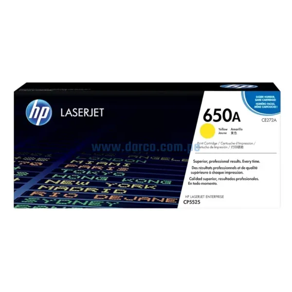 Toner HP CE272A 650A Yellow, Para Impresoras Hp LaserJet M750n, M750dn, M750xh, CP5525N, CP5525DN, CP5525XH. Rendimiento 15,00 pag.