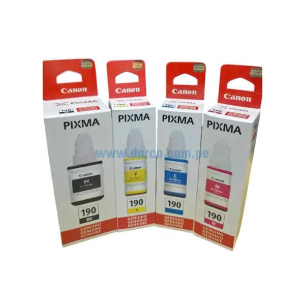 Kit De Tinta Canon GI-190 (BK, C, M, Y) Para Impresoras Canon Pixma G1100, G1110, G2100, G2101, G2110, G2111, G3100, G3101, G3110, G3111