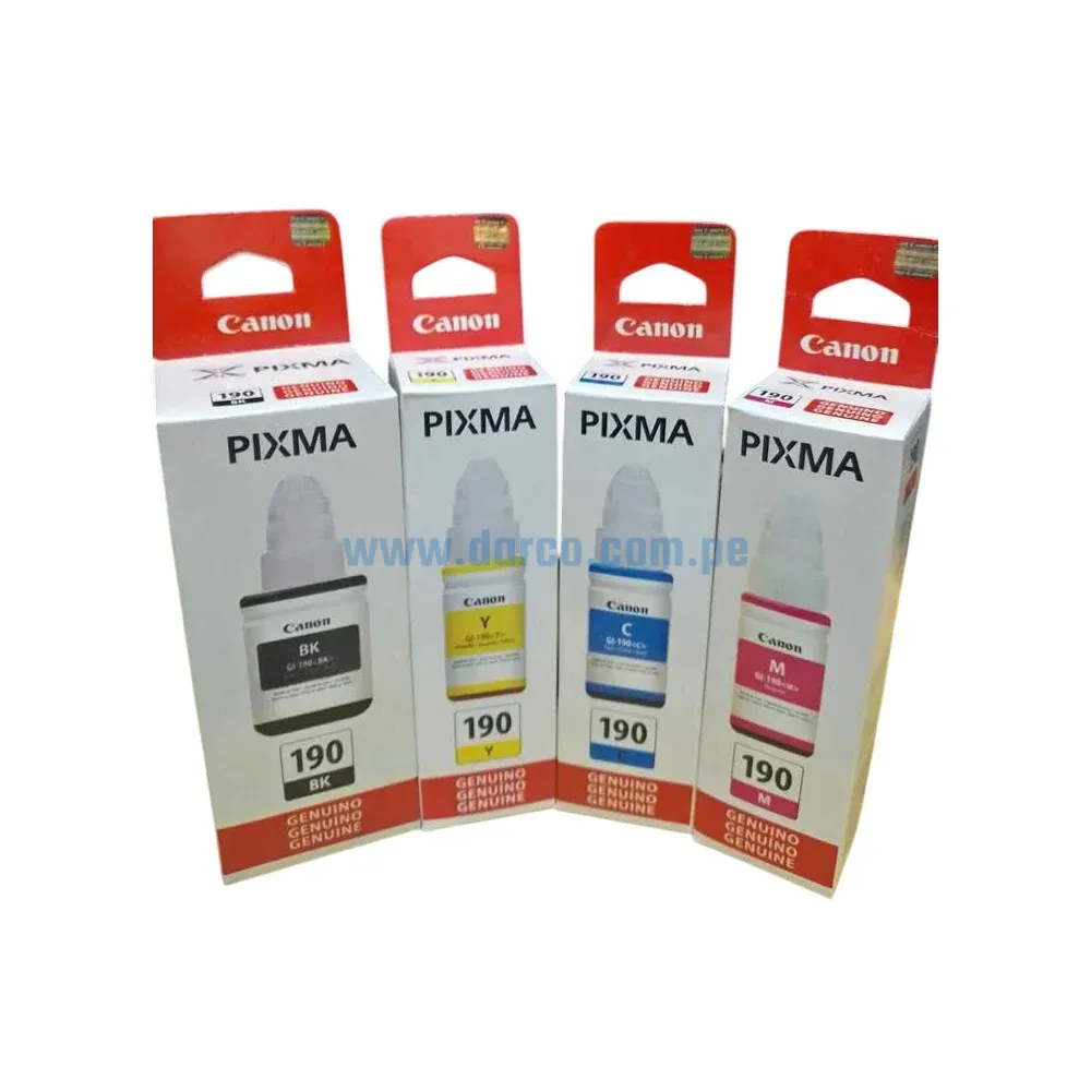 Kit De Tinta Canon GI-190 (BK, C, M, Y) Para Impresoras Canon Pixma G1100, G1110, G2100, G2101, G2110, G2111, G3100, G3101, G3110, G3111