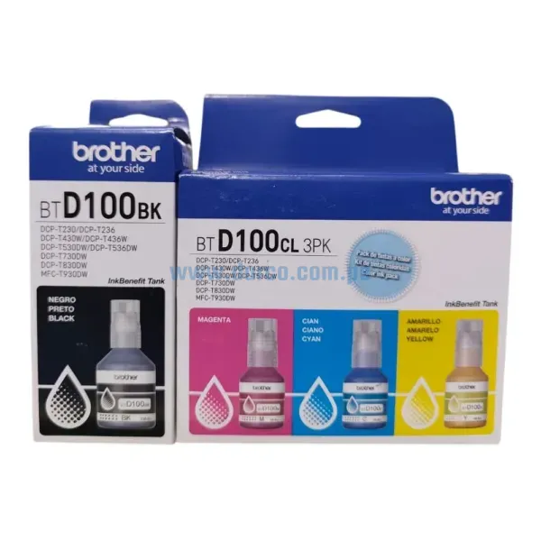 Kit De Tinta Brother BTD100CL-3PK / BTD100BK Negro, Cyan, Magenta, Yellow, Para Impresoras DCP-T230, DCP-T430W, DCP-T530DW, DCP-T730DW, MFC-T930DW