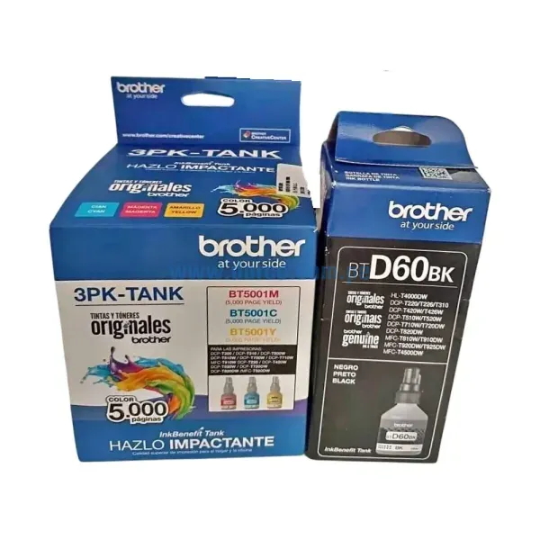 Juego De Tinta Brother BTD60BK / BT5001-3PK Negro, Cyan, Magenta, Yellow, Para Impresoras HL-T4000DW, DCP-T220, T226, T300. Envíos a Nivel Nacional