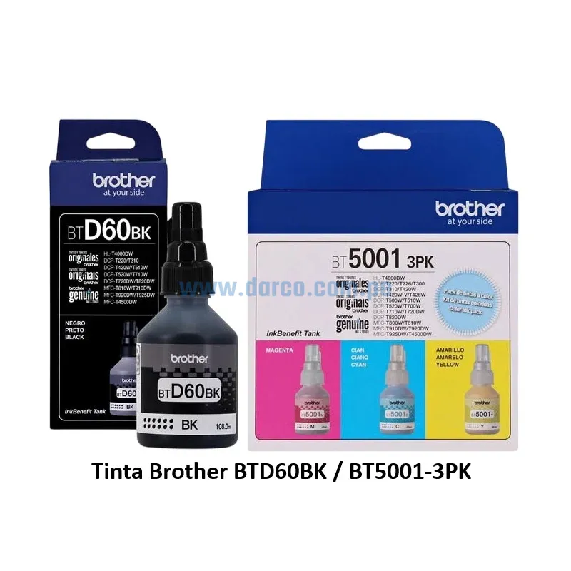Juego De Tinta Brother BTD60BK / BT5001-3PK Negro, Cyan, Magenta, Yellow, Para Impresoras HL-T4000DW, DCP-T220, T226, T300. Envíos a Nivel Nacional