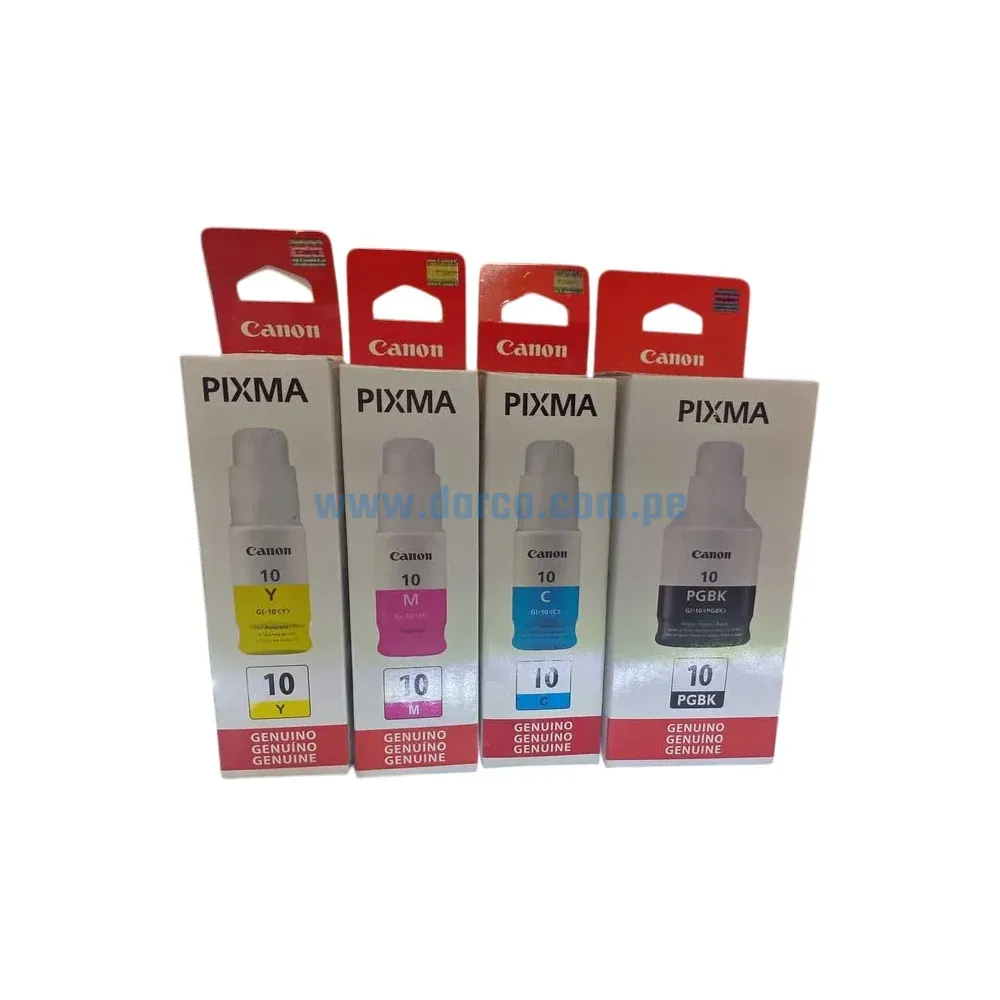 Kit De Tinta Canon GI-10 BK, C, M, Y. Para Impresoras Canon Pixma G5010 / G5011 / G6010 / G6011 / G7010 / GM2010 / GM2011