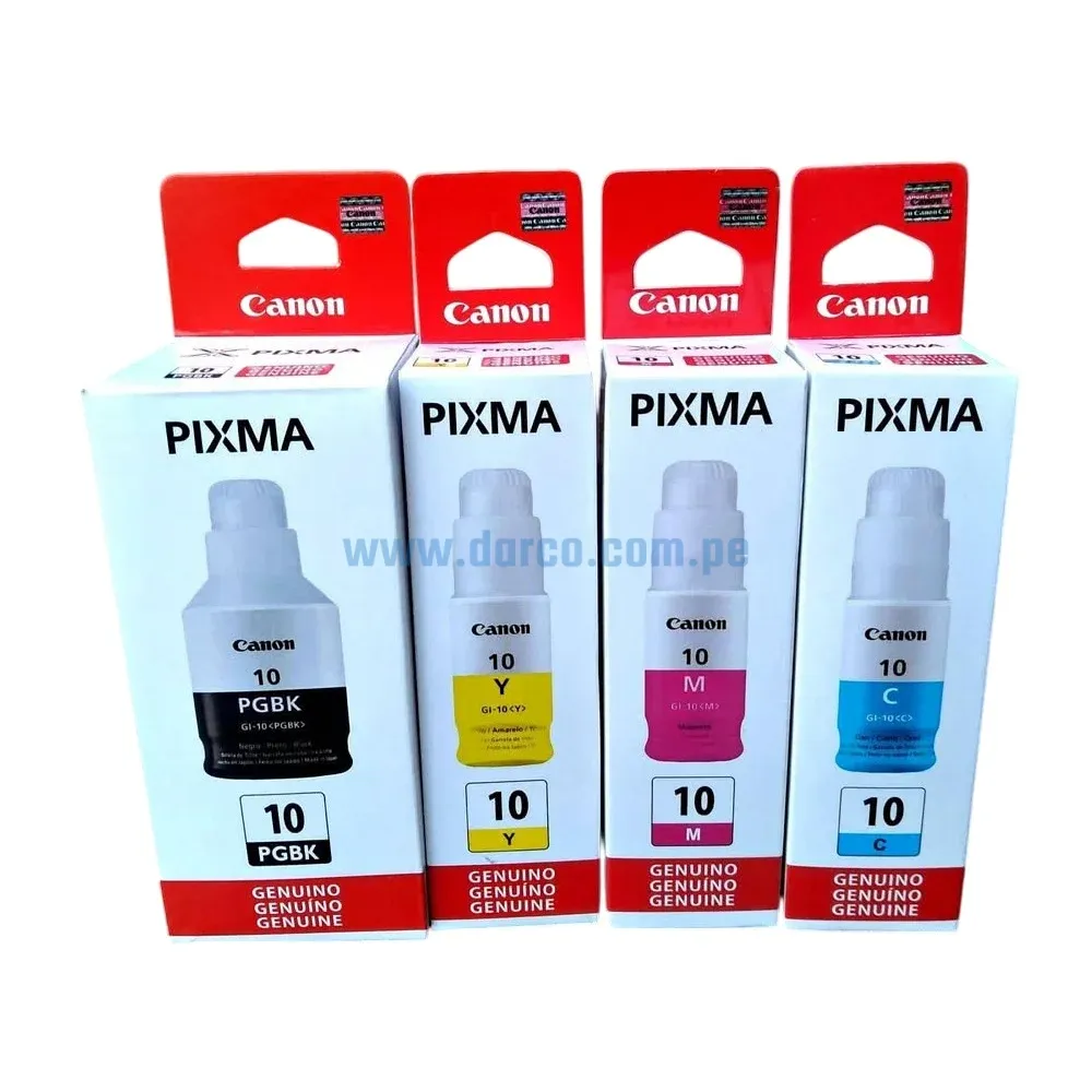 Kit De Tinta Canon GI-10 BK, C, M, Y. Para Impresoras Canon Pixma G5010 / G5011 / G6010 / G6011 / G7010 / GM2010 / GM2011