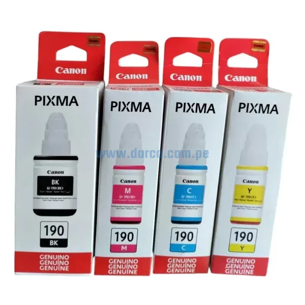Kit De Tinta Canon GI-190 (BK, C, M, Y) Para Impresoras Canon Pixma G1100, G1110, G2100, G2101, G2110, G2111, G3100, G3101, G3110, G3111