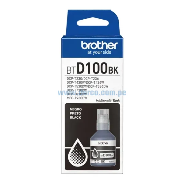 Botella De Tinta Brother BTD100BK Black, Para Impresoras DCP-T230 / DCP-T430W / DCP-T530DW / DCP-T730DW / MFC-T930DW, 108.0ml