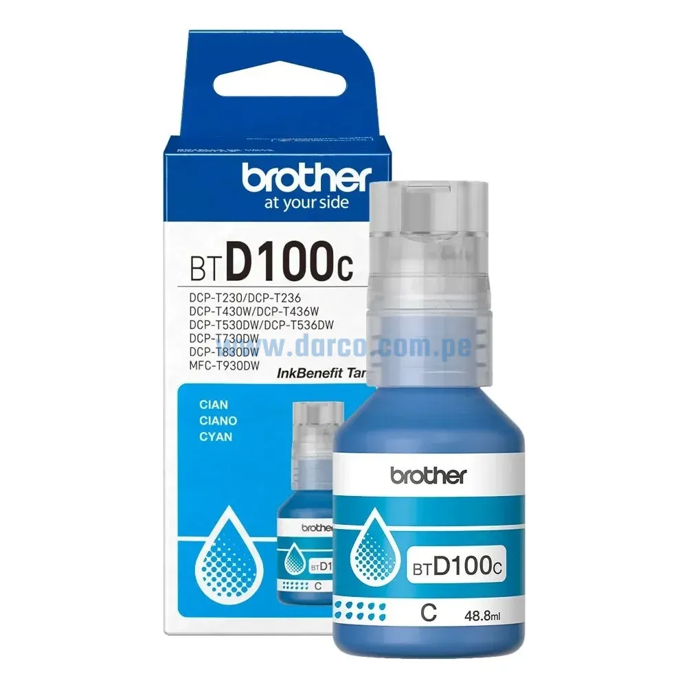 Botella De Tinta Brother BTD100C , Para Impresoras DCP-T230 / DCP-T430W / DCP-T530DW / DCP-T730DW / MFC-T930DW, 48.8ml
