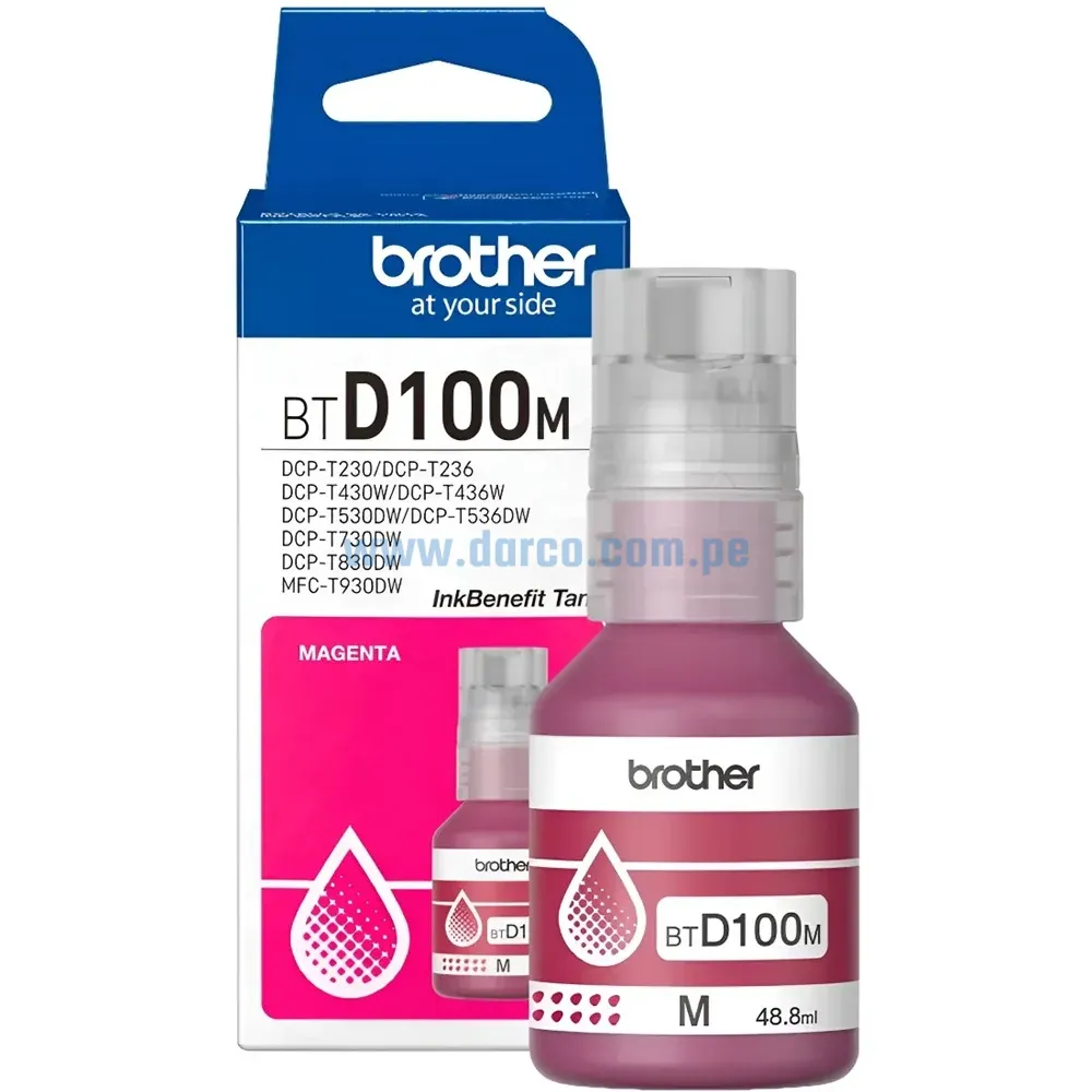 Botella De Tinta Brother BTD100M Magenta, Para Impresoras DCP-T230 / DCP-T430W / DCP-T530DW / DCP-T730DW / MFC-T930DW, 48.8ml