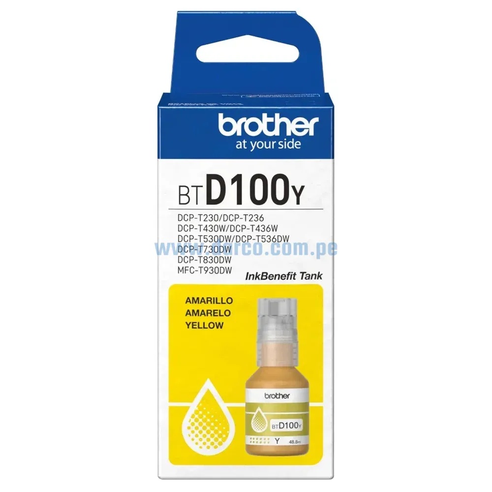 Botella De Tinta Brother BTD100Y Yellow, Para Impresoras DCP-T230 / DCP-T430W / DCP-T530DW / DCP-T730DW / MFC-T930DW, 48.8ml