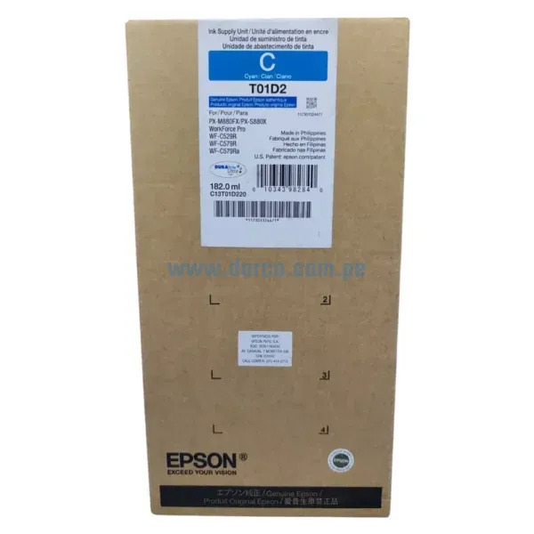 Bolsa De Tinta Epson T01D220 (T01D2) Cyan, Para Impresoras Epson Workforce Pro WF-C529R, C579R, PX-M880FX, S880X, 20.000 Paginas