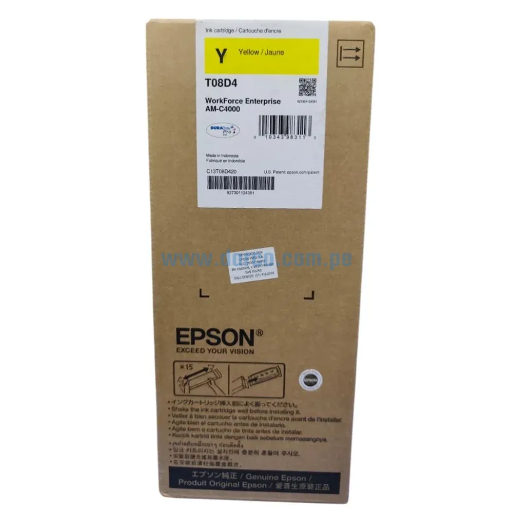 Bolsa De Tinta Epson T08D420 (T08D4) Amarillo, Para Impresoras Epson WorkForce Enterprise AM-C4000, Capacidad De Impresion 30.000 Pag.
