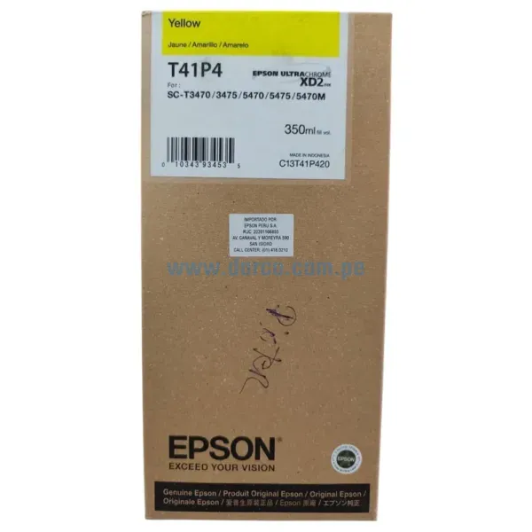 Tinta Epson T41P420 (T41P4) Amarillo, Para Impresoras Epson ULTRACHROME XD2 SC-T3470, 3475, 5470, 5475,5470M 14.000 Paginas.
