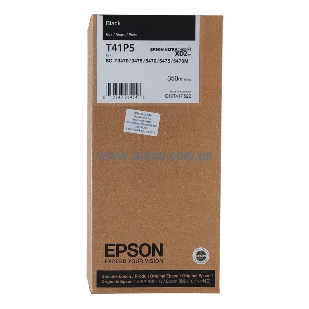 Tinta Epson T41P520 (T41P5) Negro, Para Impresoras Epson ULTRACHROME XD2 SC-T3470, 3475, 5470, 5475,5470M 14.000 Paginas.