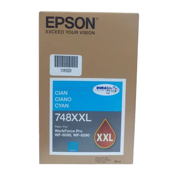 Bolsa De Tinta Epson T748XXL220 748XXL Cyan, Para Impresoras Epson WorkForce Pro WF-6090, WF-6590, WF-8090, WF-8590
