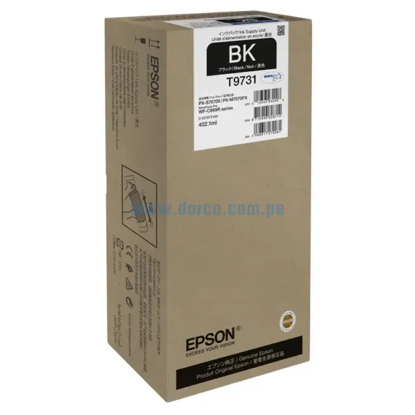 Bolsa De Tinta Epson T973120 T9731 Negro, Para Impresoras Epson Workforce Pro WF-C869R, PX-S7070X, PX-M7070FX. 22.500 Paginas