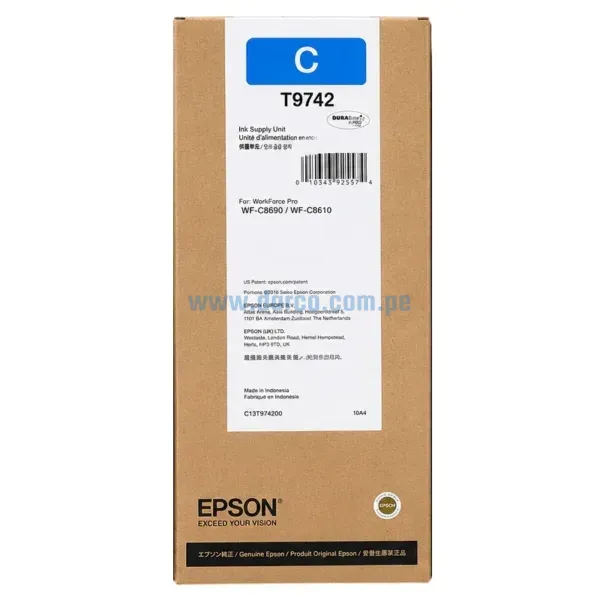Bolsa De Tinta Epson T974220 T9742 Cyan, Para Impresoras Epson Workforce Pro WF-C869R, WF-C869R Series, PX-S7070X, M7070FX 84.000 Paginas