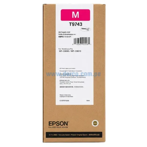 Bolsa De Tinta Epson T974320 (T9743) Magenta, Para Impresoras Epson Workforce Pro WF-C869R, WF-C869R Series, PX-S7070X, M7070FX 84.000 Paginas