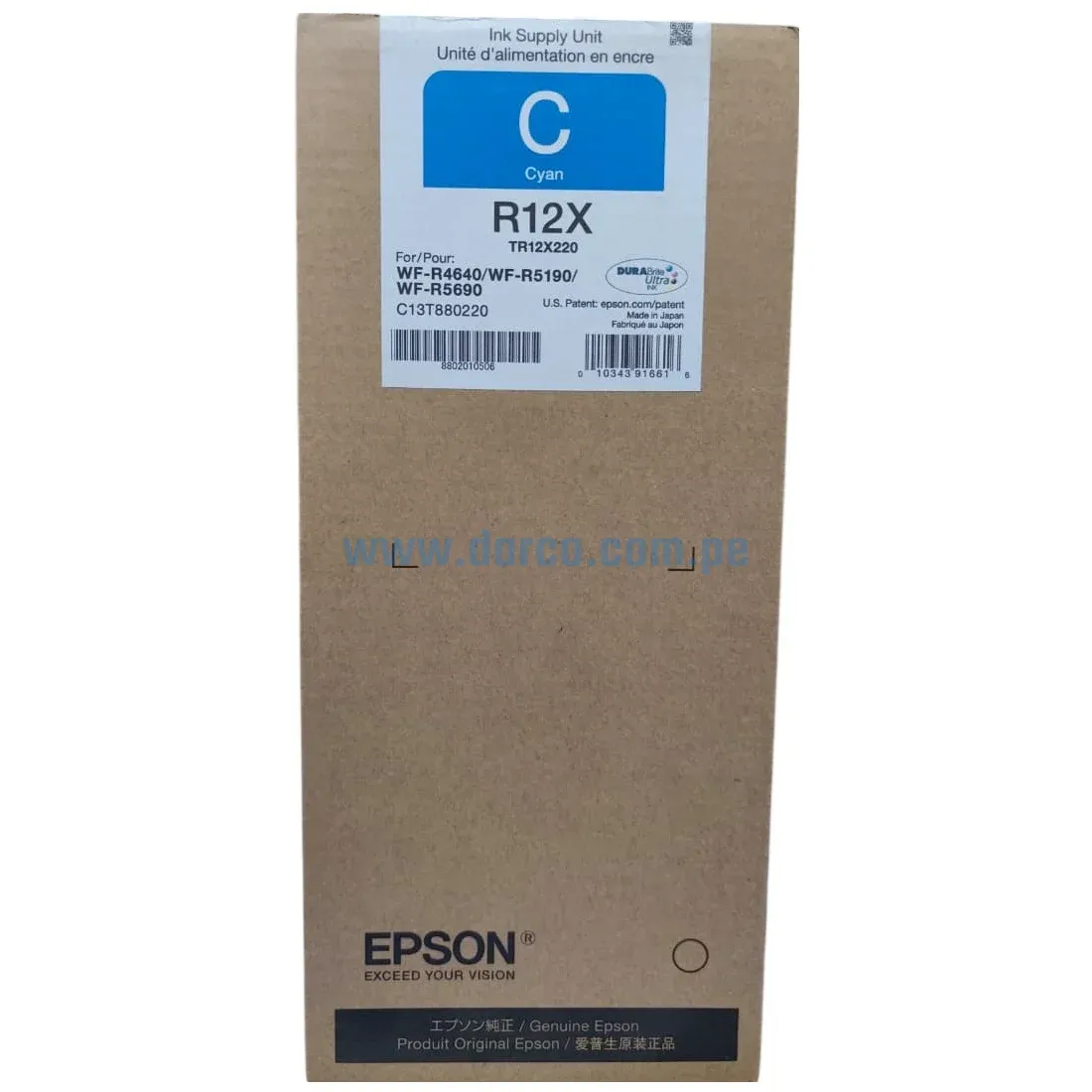 Bolsa De Tinta Epson TR12X220 (R12X) Cyan, Para Impresoras Epson Workforce Pro WF-R464, WF-R5190, WF-R5690, 20.000 Paginas