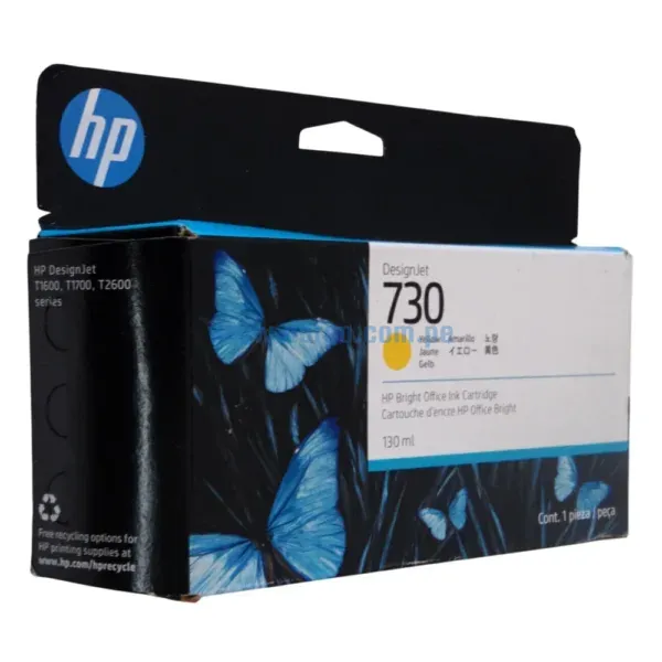 Cartucho De Tinta Hp P2V64A (730) Amarillo, Para Impresoras Hp DesignJet T1600, T1700, T2600, Contenido 130 Mililitros.
