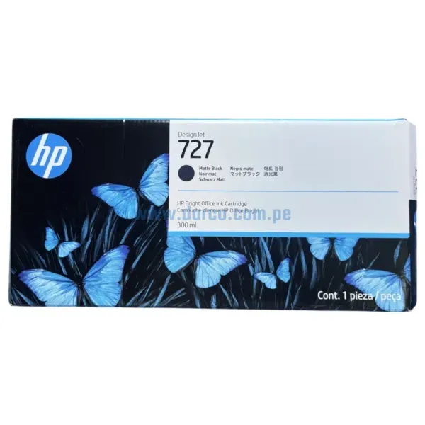 Tinta Hp C1Q12A (727) Matte Black, Para Impresoras DesignJet T1500, T930, T1530, T2530, T920, T2500, T930, T2530, 300 Mililitros