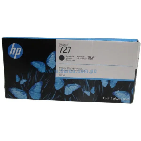 Tinta Hp C1Q12A (727) Matte Black, Para Impresoras DesignJet T1500, T930, T1530, T2530, T920, T2500, T930, T2530, 300 Mililitros