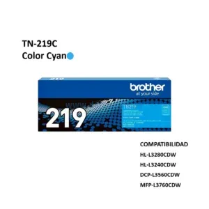Toner Brother TN-219C Cyan, Para Impresoras DCP-L3560CDW, MFP-L3760CDW, HL-L3280CDW, Capacidad De Impresión 1.200 Paginas.