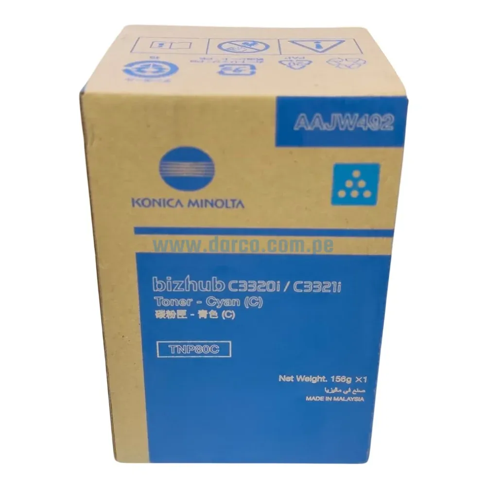 Toner Konica Minolta TNP80C AAJW492 Cyan, Para Impresora Fotocopiadora Konica Minolta Bizhub C3320i, C3321i Rendimiento 9.000 Paginas