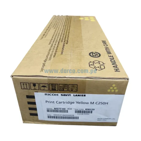 Toner Ricoh 408339 M C250H Amarillo, Para Impresoras Ricoh M C250FW, C250FWB, C251FW, P C301W, C311W Rendimineto De 6,300 Paginas