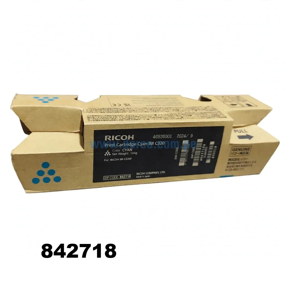 Toner Ricoh IM C320F 842718 Cyan, Para Impresoras Ricoh Multifuncional IM C320F, M C320FW, P C375 Rendimiento De 10.000 Paginas.